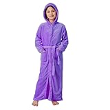 ACTLATI Plüsch-Bademantel mit Kapuze für Mädchen, volle Länge, weicher Fleece-Bademantel mit Gürtel und Taschen, langer Kindermantel für Mädchen im Alter von 3–13 Jahren, Violett, 6-7 Jahre