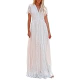 Odizli Sommerkleid Damen Lang Strandkleid Sommer Sexy V-Ausschnitt Boho Hippie Blumenkleid Spitzenkleid Brautkleid Standesamt Hochzeitskleid Festlich Hochzeit Maxikleid Freizeitkleid Weiß-D L