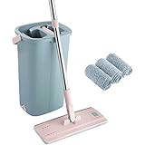 EasyGleam Mopp- und Eimer-Set. Rosa Flacher Mikrofaser-Wischmopp mit Edelstahlgriff, innovativer Doppelkammer-Eimer für Nass- und Trockengebrauch. 4 wiederverwendbare Pads, geeignet für alle Böden.