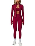 ABOCIW 3-teiliges Workout-Set für Damen, Reißverschluss, langärmelig, Jacke, Racerback, Sport-BH, hohe Taille, Leggings, Yoga, Gym Sets, Rot (Berry Red), 10