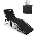 WKFAMOUT Sonnenliege Klappbar Gartenliege 5 Verstellbarer Rückenlehne Outdoor Faltbar Dreibeinliege Strandliege Campingbett bis 150KG mit Kissen Seitentasche 190x59CM Schwarz