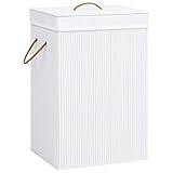 WIFESE Bambus-Wäschekorb Weiß40x30x60 cm Wäschetonne Laundry Baskets Wäschekorb mit Deckel Klappbarer Wäschekorb mit Griffen Wäschebehälter für Schmutzwäsche Leicht Zu Tragen Praktisch