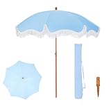 PHI VILLA Sonnenschirm Balkon Sonnenschutz 200 cm Knickbar Rund mit Fransen, Boho Strandschirm Garten Windbeständig Sonnenschirme Balkonschirm mit Erdspieß für Terrasse, UPF 50+, Himmelblau