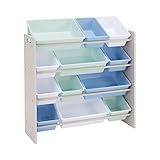 Amazon Basics Aufbewahrung für Kinderspielzeug, Spielzeug-Organizer mit 12 Plastikbehältern, graues Holz mit blauen Behältern, 27.7 x 85.3 x 79 cm