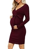 KOJOOIN Damen Umstandskleid Enge Langarm Stillkleid V-Ausschnitt Schwangere Kleider Mutterschaft Schwangerschaft Knielanges Partykleid mit Gürtel (Verpackung MEHRWEG), A-Weinrot, M