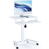 BONTEC Schreibtisch Höhenverstellbar mit Tastaturablage, mobiles Podium, Computer-Workstation bis zu 15 kg, Laptop-Sitz- oder Stehschreibtisch auf Rädern, höhenverstellbarer Stehtischm, Weiß
