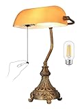 Newrays Vintage Amber Glass Bankers Schreibtischlampe für Home Office, Bibliothek mit Pull -Kettenschalter -Stecker, LED -Glühbirne enthalten
