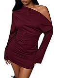 SweatyRocks Langarm Kleid Damen Elegant Eng Winterkleider Schulterfreies Minikleid Bodycon Kleid Sexy Shirtkleid Herbstkleid Bordeaux M
