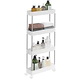 SONGMICS Rollwagen, Küchenwagen mit 4 Ebenen, Küchenregal, Nischenregal, mit 6 Haken, 360° drehbare Räder, Stahlgestell, Bad, Küche, Büro, weiß KSC08WT