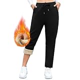 Gefütterte Jogginghose Damen Warm Thermo Winter Fleecehose, Flauschig Baumwolle Verdickte Thermohose Winterhose Freizeithose Kordelzug Sweathose mit Taschen XL Gerades Bein Schwarz