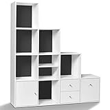 IDMarket - Liam Treppen-Regal mit 4 Ebenen, Holz, weiß + Tür / Schubladen, weißer Hintergrund, grau