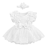 Odizli 1 Geburtstag Mädchen Outfit Kurzarm Strampler Kleid Blume Spitze Tüllkleid+Stirnband Kleidung Sommer Babykleidung Neugeborene Erstausstattung Babysachen Set Baby Fotoshooting Weiß 6-12 Monate
