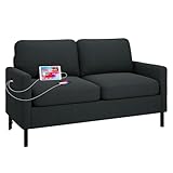 GRAVFORCE Sofa 2 Sitzer mit 2 Ladeports und Seitentasche, Klein Couch 143cm Cloudserie Gemütliches für Jugendzimmer Wohnung Wohnzimmer Büro Couch aus Holz (Stoff, Dunkelgrau, Sofa)