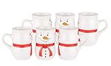 Van Well 6er Set Schneemannbecher mit Motiv und Eichstrich 0,2L - Keramik klassische Weihnachtsmarkt Tasse mit Wintermotiv I Glühweintassen mit Henkel I Profi Gastronomiebedarf Feuerzangenbowle