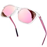 KANASTAL Größe Sonnenbrille Herren und Damen Retro Polarisiert Sonnenbrille UV400 Schutz für Reise Wandern Angeln Alltag, Transparent Rahmen Verspiegelt Rosa Gläser Rosa Bügel
