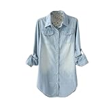 MIDJ Damenhemden,Lange Jeansblusen Für Damen Hemdärmel Lässige Knopfhemdjacke Hellblaue Tunika Mit Reverstasche Leichtes Jeans-Sweatshirt Für Mädchen L