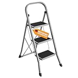 SONGMICS Trittleiter, Leiter mit 3 Stufen, Klapptritt, Klappsicherung, einfach zu verstauen, bis 150 kg belastbar, Taubengrau GSL003GY01