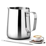 Milchkännchen - 350ml/12oz Milchkanne Edelstahl mit Messung Mark Und Latte Art Pen, Kaffee Creamer Milch Aufschäumer Kännchen Tasse für Cappuccino, Espresso, Latte Art, Perfekt für Kaffeeliebhabe