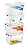 Gardissimo 4 er Set Aufbewahrungsbox mit Deckel und Rollen Clip 60 Liter, Kunststoff Boxen Stapelboxen Plastik, MADE IN Europe, Clip-Verschluss, BPA-frei transparent/durchsichtig