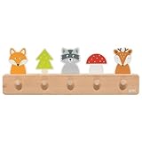 goki 60662 - Garderobe Waldfreunde aus Holz, Kindergarderobe mit 5 Haken, Niedliche Waldmotive Fuchs, Waschbär, Reh, Hakenleiste für Kinderzimmer, Fördert Ordnung und Selbstständigkeit, ab 1 Jahr