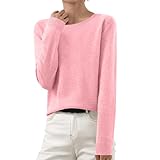 Pullover Damen Winter Baumwolle Langarmshirt Damen Elegant Longsleeve Strickpullover Rundhals Locker Große Größen Tunika Freizeit Oversize Sweatshirts Long Sleeve Shirt Women(Rosa,3XL)