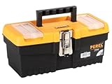 Perel Werkzeugkasten, Polypropylen, herausnehmbarer Werkzeugträger, 2 Organizer im Deckel, aufklappbarer Tragegriff, Metallverschluss, Schwarz/Gelb, 320 x 155 x 139 mm