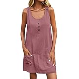 Sommerkleid Damen Kurz Ärmellos Kleider Damen Sommer Tank Kleid A Linie Strandkleid Luftig Freizeit Sommerkleider Leicht U Ausschnitt Damenkleider Elegant Minikleid Mit Taschen Knopfleiste