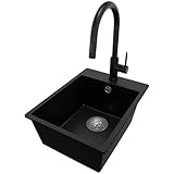 Granitspüle Schwarz 38x50cm, Spülbecken 1 Becken + Ablauf-Set + Küchenarmatur, Küchenspüle ab 40er Unterschrank - Riga von Primagran