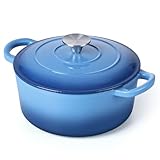 E-far Schmortopf aus emailliertem Gusseisen mit Deckel, 3 l, klein, rund, antihaftbeschichtet, für Brot, Backen, Schmoren, Eintöpfe, Braten, Kochen, strapazierfähig, induktions- und ofenfest, Blau