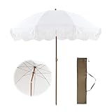 Style 2 m Strandschirm mit Fransen und UV50+ Schutz, weißer Terrassenschirm mit Neigung, wasserdicht und tragbar, ideal für Gartenterrasse, Pool, inklusive Tragetasche für einfachen Transport,