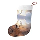 CHANGLEI Weihnachtsstrumpf mit Segelschiff bei Sonnenuntergang, groß, Weihnachtsdekoration, doppelseitiger Druck, festliche Urlaubssocken, hochwertiges Flanell-Plüschmaterial (1 Stück)