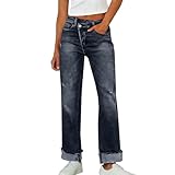 Damen Jeans High Waist, Baggy Straight Leg Mom Stretch Irregular Boyfriend Jeanshose Y2K Hosen Gerades Bein Jeanshosen Kurzgrößen, Wide Leg Jeans