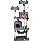 Paitsy Kratzbaum für Katzen, Sitzstangen, Höhle, Hängematte, Bälle, Säulen aus Sisal, Plüsch, mehrere Ebenen, Turm, Höhe 158 cm, Dunkelgrau Paitsy