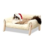 MEWOOFUN Erhöhtes Katzenbett Sofa aus Holz, 56x45cm robust großes Katzensofa – modischer Katzenstuhl mit abnehmbarem Matratzenbezug Belastbar mit 10 kg (Weiß, 56x45cm)