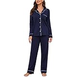 U2SKIIN Schlafanzug Damen lang 100% Baumwolle, Pyjama Damen weiche Pyjamas Set leichte Nachtwäsche Schlafanzüge für Damen Zweiteiler Pyjama Set Damen (Dunkelblau, L)