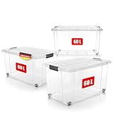 BigDean 4 Stück 60 L Aufbewahrungsbox mit Deckel groß transparent - stapelbare robuste Box BPA-frei - rollbare Stapelbox mit festen Klickverschlüssen - Made in Germany