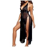 Erotische Dessous für Damen, sexy, einfarbig, hängender Hals, Spitzennetz, Langer erotischer offener Rock (Black, M)