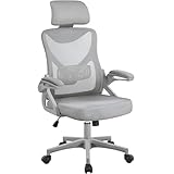 Yaheetech Bürostuhl Ergonomisch, Schreibtischstuhl mit Hochklappbaren Armlehnen, Drehstuhl mit Rückenlehne und Verstellbarer Kopfstütze, bis 136 kg Belastbar Grau