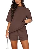 REORIA Damen Tracksuit Kurzarm Rundhalsausschnitt Einfarbig Zweiteiler Hausanzug Loungewear Outfit Jogger Trainingsanzug Set Kaffee M