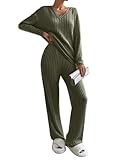 Joligiao Damen Lounge Set Zweiteiler Trainingsanzug Rundhals Einfarbig Loungewear Gerippt Longsleeve Schlafanzüge Shirt Top Langärm mit Hose 2-Teiliges Nachtwäsche Hauskleidung(Grün,XL)