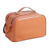 AJUNJIIL Große Kapazität, wasserdichte Make-up-Tasche aus PU-Leder mit Doppelreißverschluss für Reisen, Kosmetik, Braun