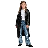 Kinder-Motorradjacke aus Kunstleder, elegant, lang, mit Gürtel, Vintage-Stil, Revers, Knopfleiste, stilvolle Bambusjacken, warm, Winter, Outdoor, Schule, Mäntel, 4–14 Jahre, A2 Schwarz, 7 Jahre