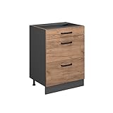 Vicco Küchenunterschrank R-Line, Goldkraft Eiche/Anthrazit, 60 cm mit Schubladen, ohne Arbeitsplatte