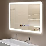 YOURLITE Badspiegel mit Beleuchtung LED 80x60cm, Badezimmerspiegel mit Touch Schalter, Einstellbare Helligkeit, mit Zeit und Temperaturanzeige, Beschlagfrei, Ip44