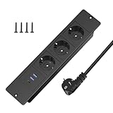 Tischsteckdose, Einbausteckdose mit USB-C & Schalter, 3-Fach Steckdosenleiste versenkbar, Tischsteckdose Mehrfachsteckdose mit 2m Kabel, für Schreibtisch, Konferenztisch, Möbel (Schwarz)