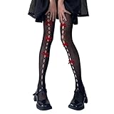XAGMODSHN Damen Netzstrümpfe mit Schleifen, hohe Taille, Strumpfhose, Oberschenkelstrümpfe, Kontroll-Top, Strumpfhose, Lolitas, Gothics, Strumpf an der Taille, Rote Schleife auf schwarzem Bac, One