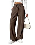 PINSPARK Damen Jogginghose High Waist Sporthose Weites Bein Sweatpants mit elastischem Bund Yogahose Trainingshose Fitness Sweathose Baggy Freizeithose mit Taschen Braun L