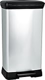 CURVER Deco Bin Mülleimer 50l mit Deckel und Pedal, schwarz/silber, Metallic, 39 x29 x 72 cm, Kunststoff, Abfalleimer Küche