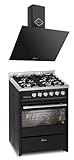 GURARI GCH E 610 BL +GCH 286 BL 6 Prime Gas-Standherd 60 cm Schwarze Gasherd mit Elektrobackofen 60 L, Range Coocker mit Dunstabzugshaube 60 cm, Schwarz, 1000m³/h, TouchControl