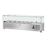Royal Catering Kühltheke Kühlvitrine Kühlaufsatz RCKV-140/33-6 (140 x 33 cm, 40 L, für 6 x GN Behälter 1/4, 2-10 °C, 110 W, R600a, Thermostat, Glasabdeckung, Abtaufunktion, Edelstahl)